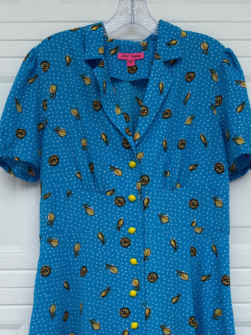 Betsey Johnson Blue Polka Dot Lemon Print Button Front A-Line Dress Size 10 EUC